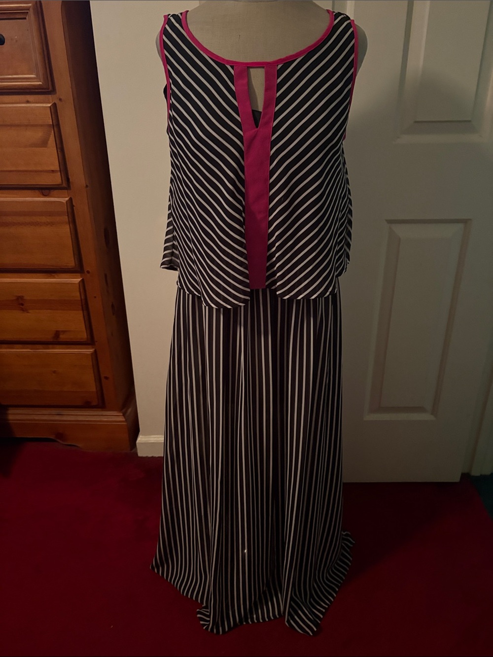 Robert Louis Black and White Striped Maxi Dress with Pink Trim